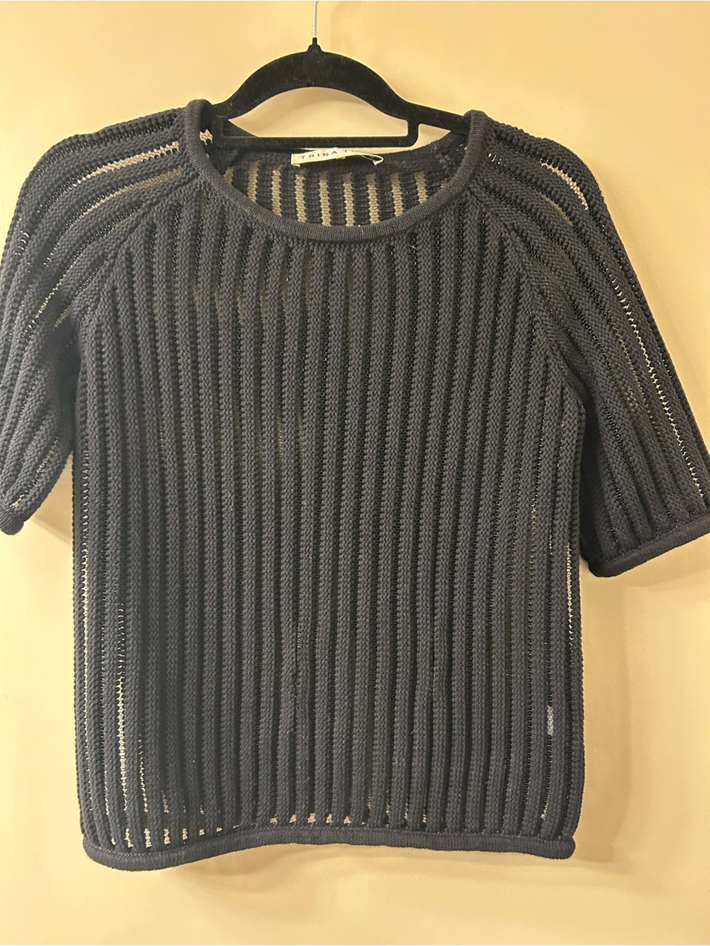 Trina Turk Black Ribbed Short Sleeve Sweater Cotton Blend Small
